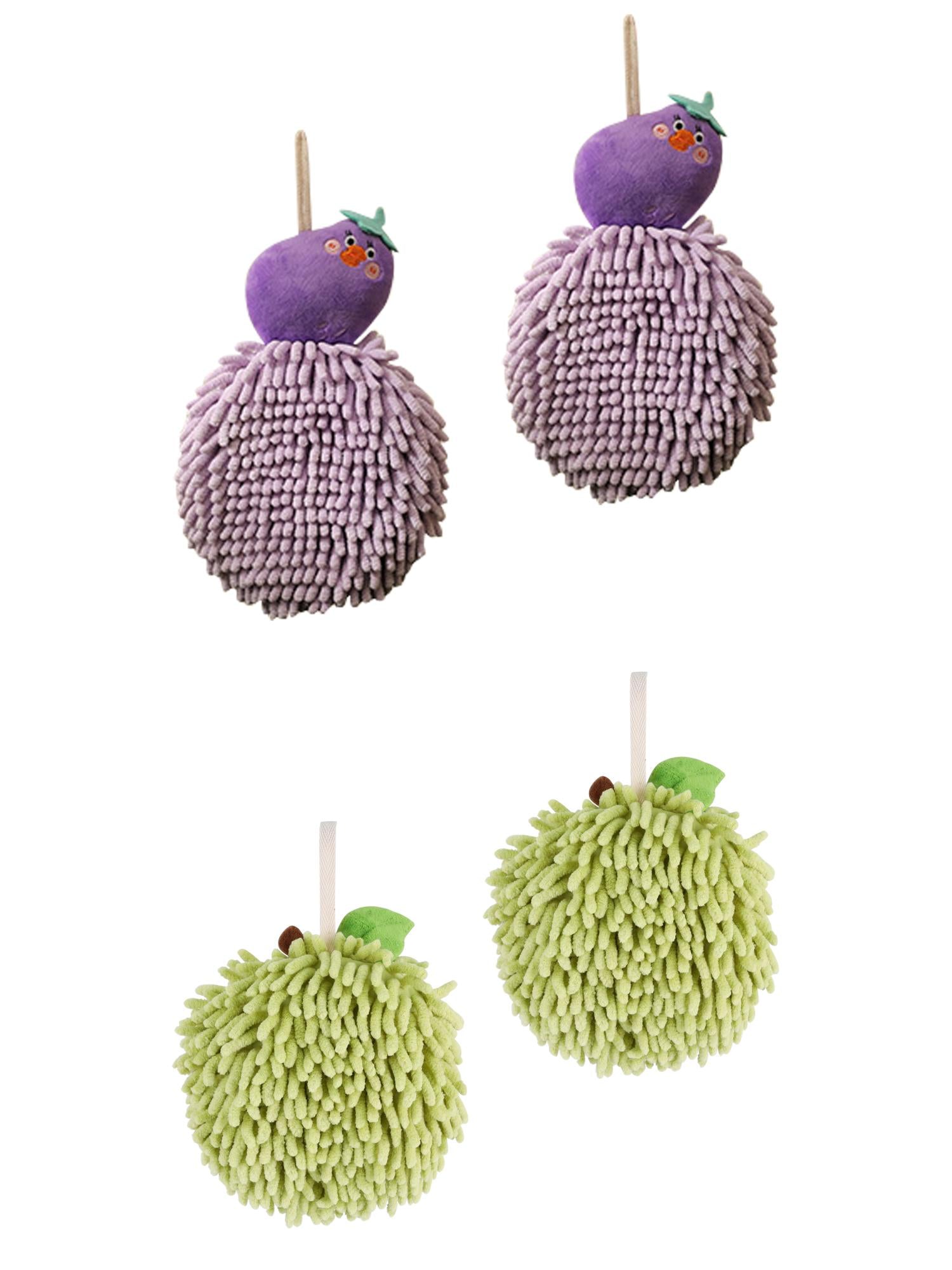 Unique Bargains 4 Pcs Soft Fluffy Ball Hand Towels Green/Purple 6" x 6"/7" x 9"