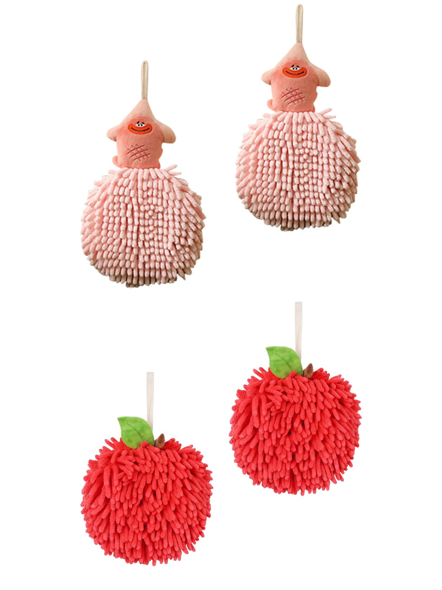 Unique Bargains 4 Pcs Soft Fluffy Ball Hand Towels Red/Pink 6" x 6"/7" x 9"