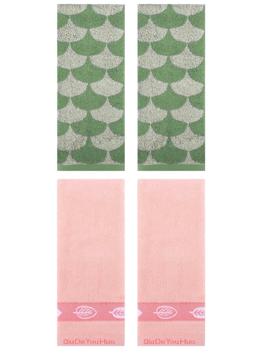 Unique Bargains 4 Pcs Soft Geometric and Leaves Hand Towel Set 13" x 29" Green/Pink