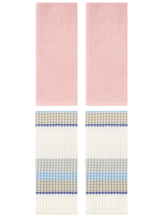 Unique Bargains 4 Pcs Soft Waffle Hand Towel Pink/Beige Yellow 13" x 30"/13" x 29"