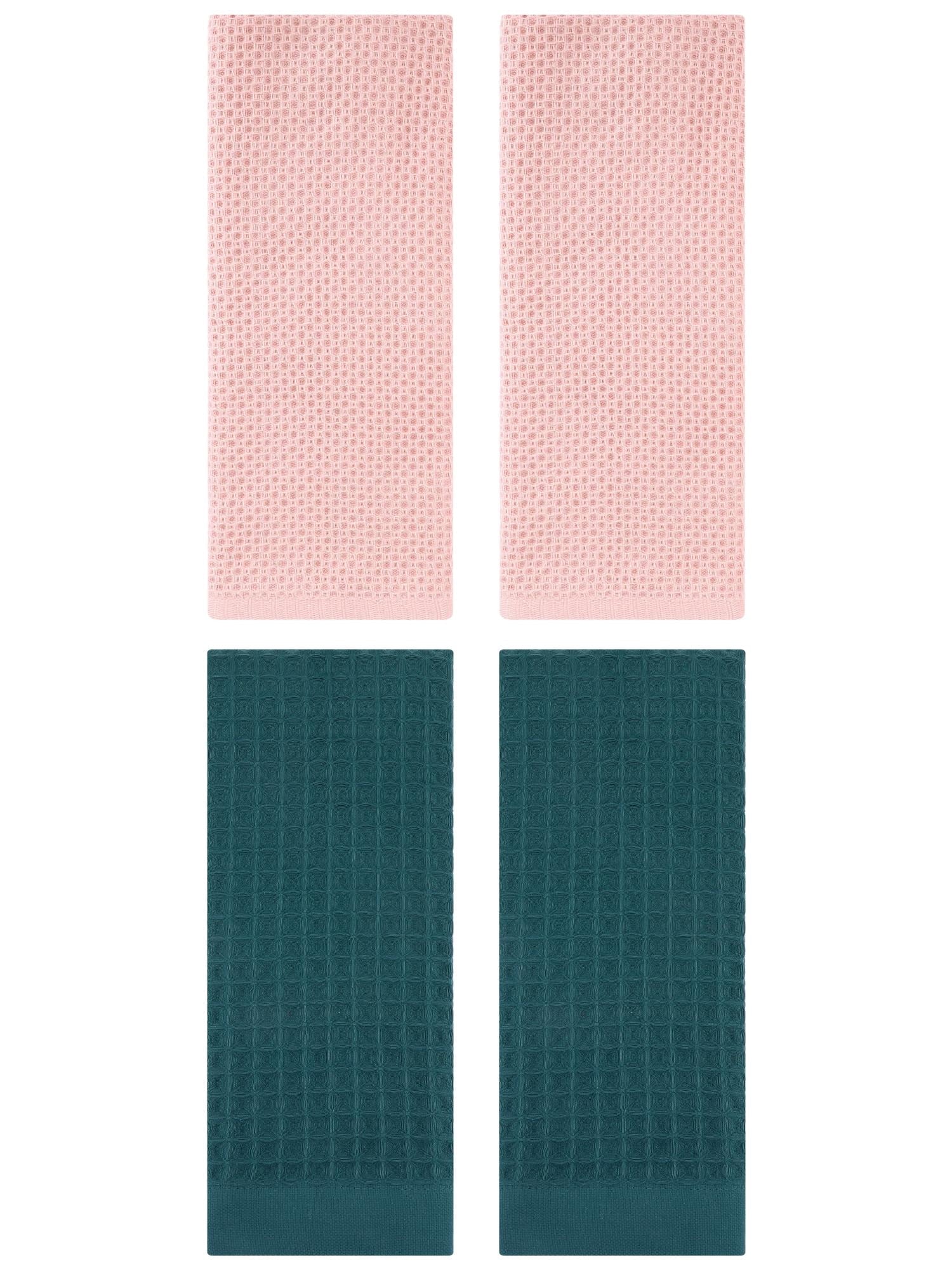 Unique Bargains 4 Pcs Soft Waffle Hand Towel Pink/Dark Green 13" x 30"/14" x 30"