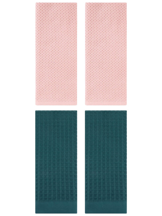 Unique Bargains 4 Pcs Soft Waffle Hand Towel Pink/Dark Green 13" x 30"/14" x 30"