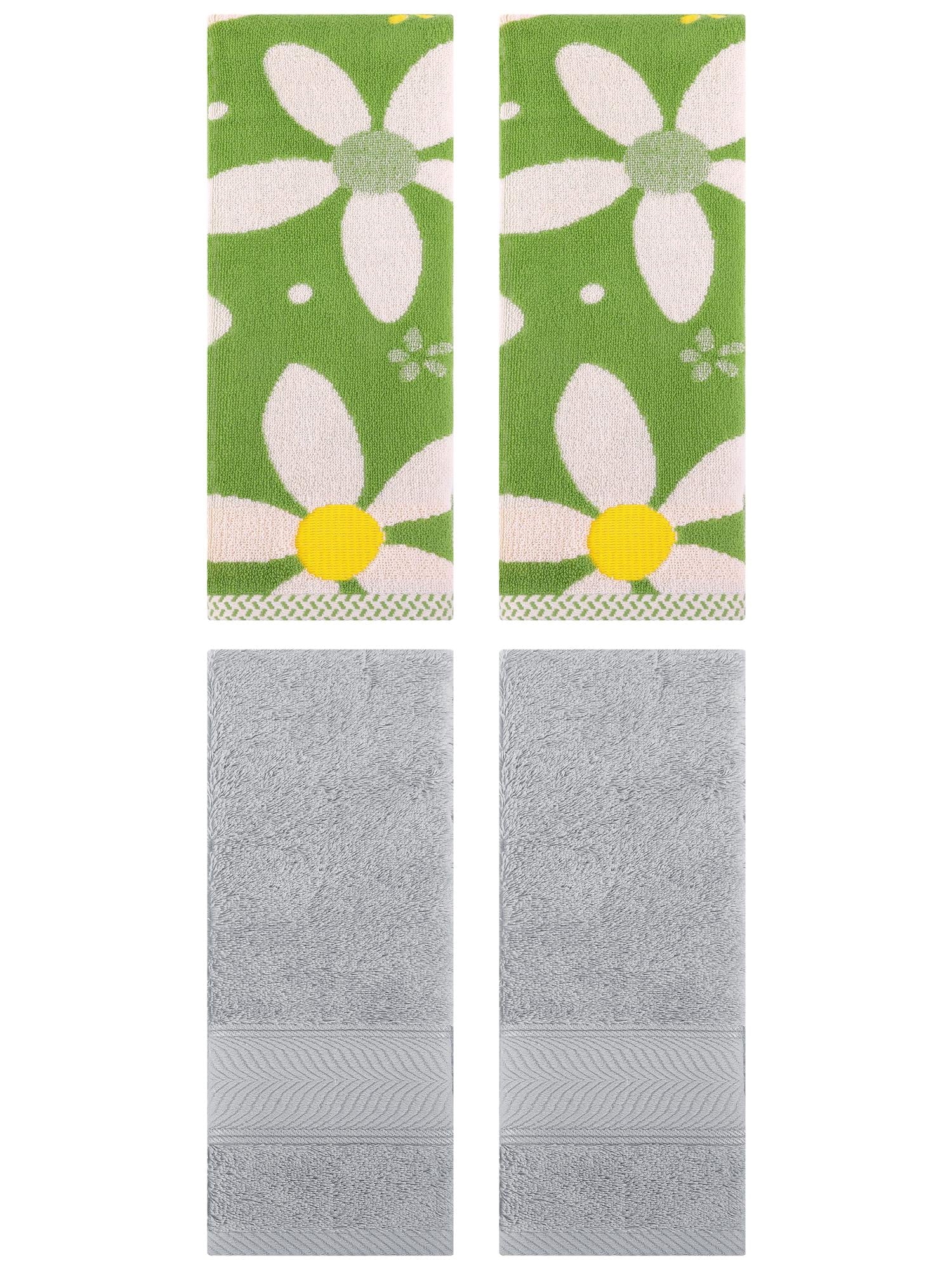 Unique Bargains 4 Pcs Sold Striped Cotton Hand Towels Light Grey/Green 14" x 30"/13" x 29"