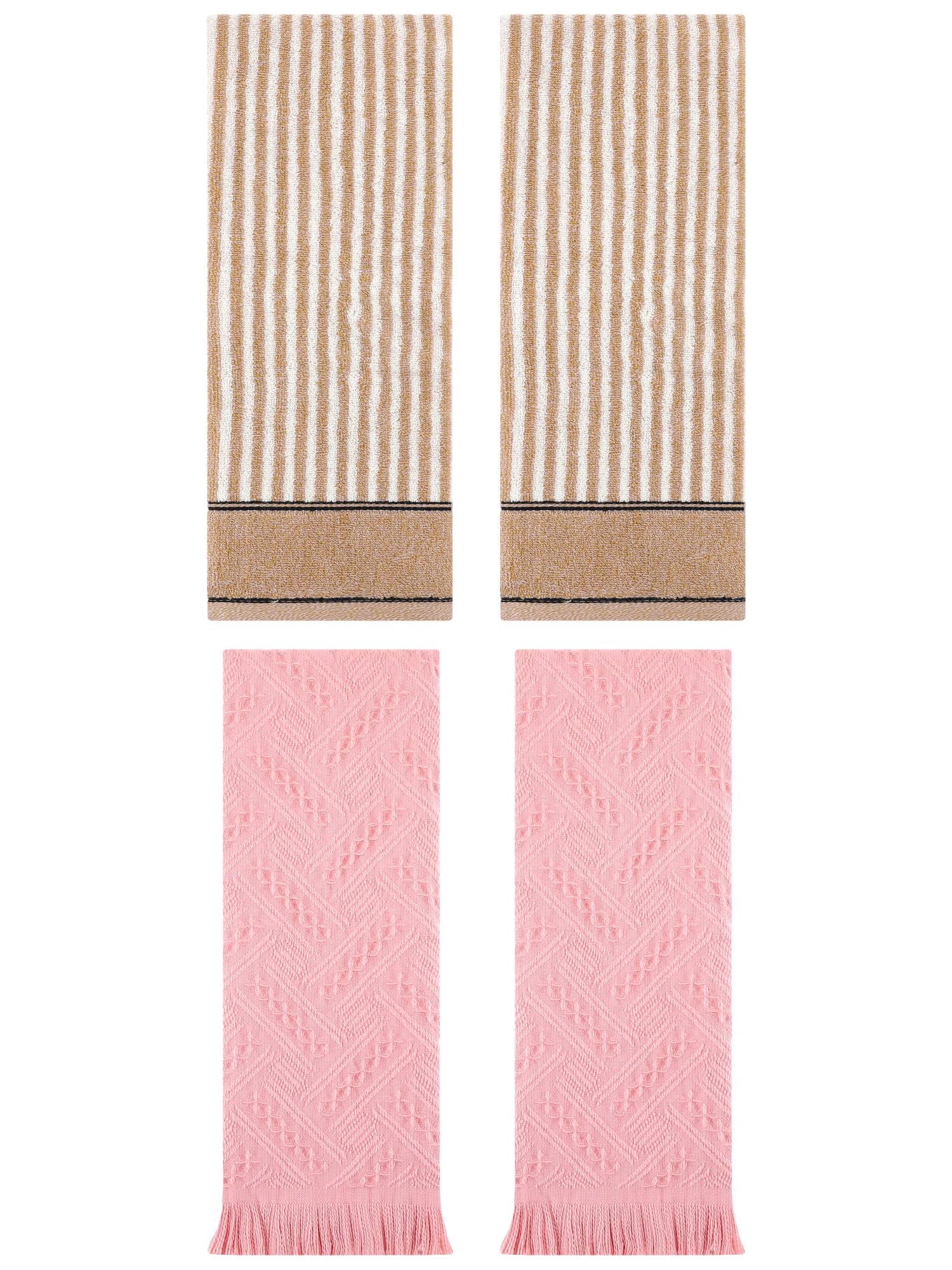 Unique Bargains 4 Pcs Striped Absorbent Cotton Hand Towels 13 x 29 Inch Brown/Pink