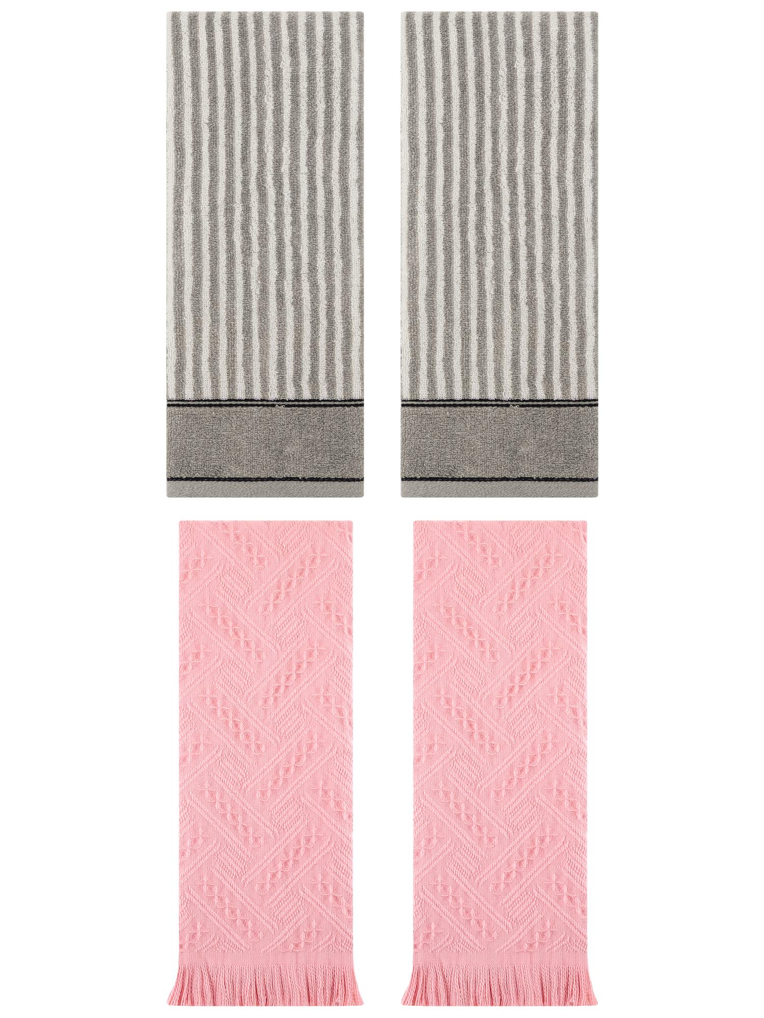 Unique Bargains 4 Pcs Striped Absorbent Cotton Hand Towels 13 x 29 Inch Grey/Pink