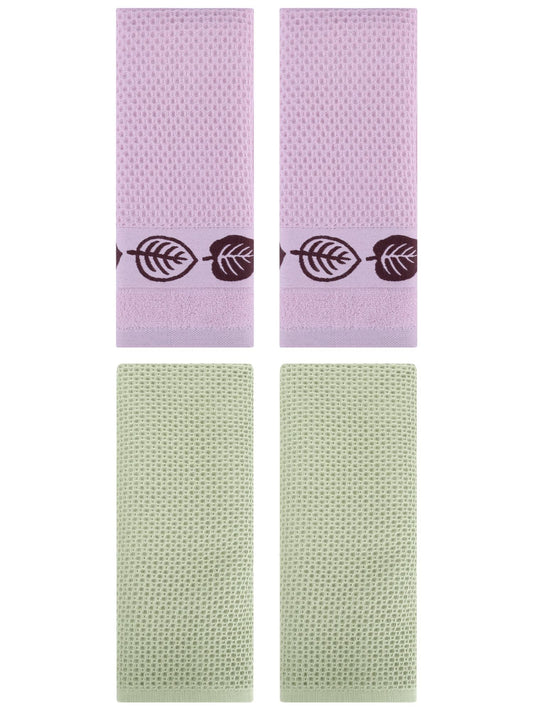 Unique Bargains 4 Pcs Waffle Cotton Hand Towel Light Green/Pink 13" x 30"/13" x 29"