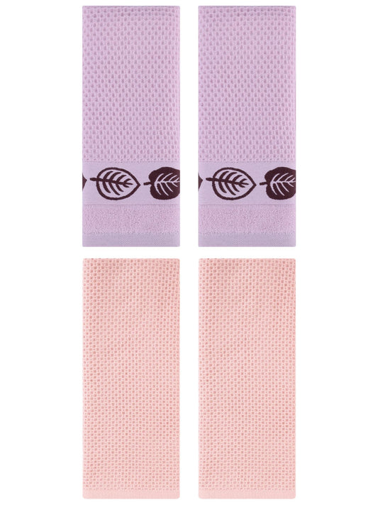 Unique Bargains 4 Pcs Waffle Cotton Hand Towel Pink 13" x 30"/13" x 29"
