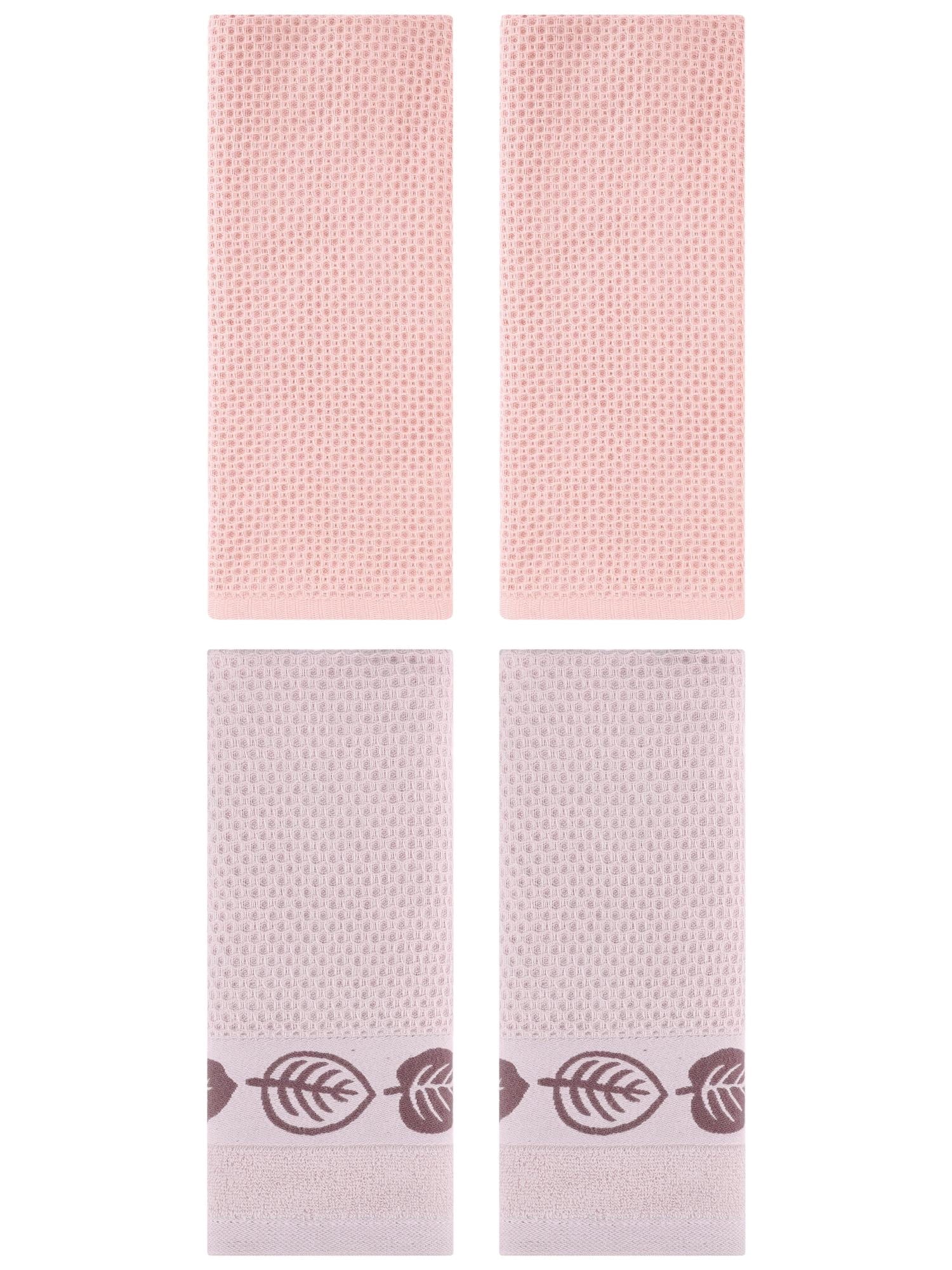 Unique Bargains 4 Pcs Waffle Cotton Hand Towel Pink/Brown 13" x 30"/13" x 29"