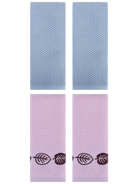 Unique Bargains 4 Pcs Waffle Cotton Hand Towel Steel Blue/Pink 13" x 30"/13" x 29"
