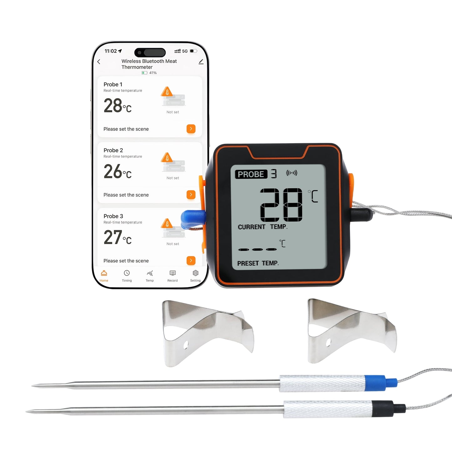Unique Bargains Bluetooth Wireless Meat Instant Read Food Thermometer Black 2-pIn