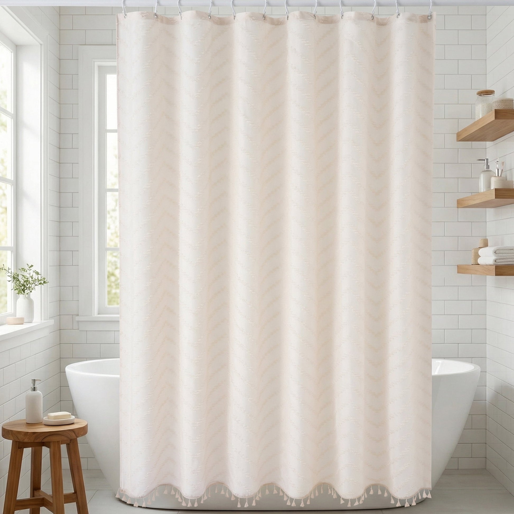 Unique Bargains Boho Wavy Striped Shower Curtain with Tassel and Hooks Green 72"W x 72"L