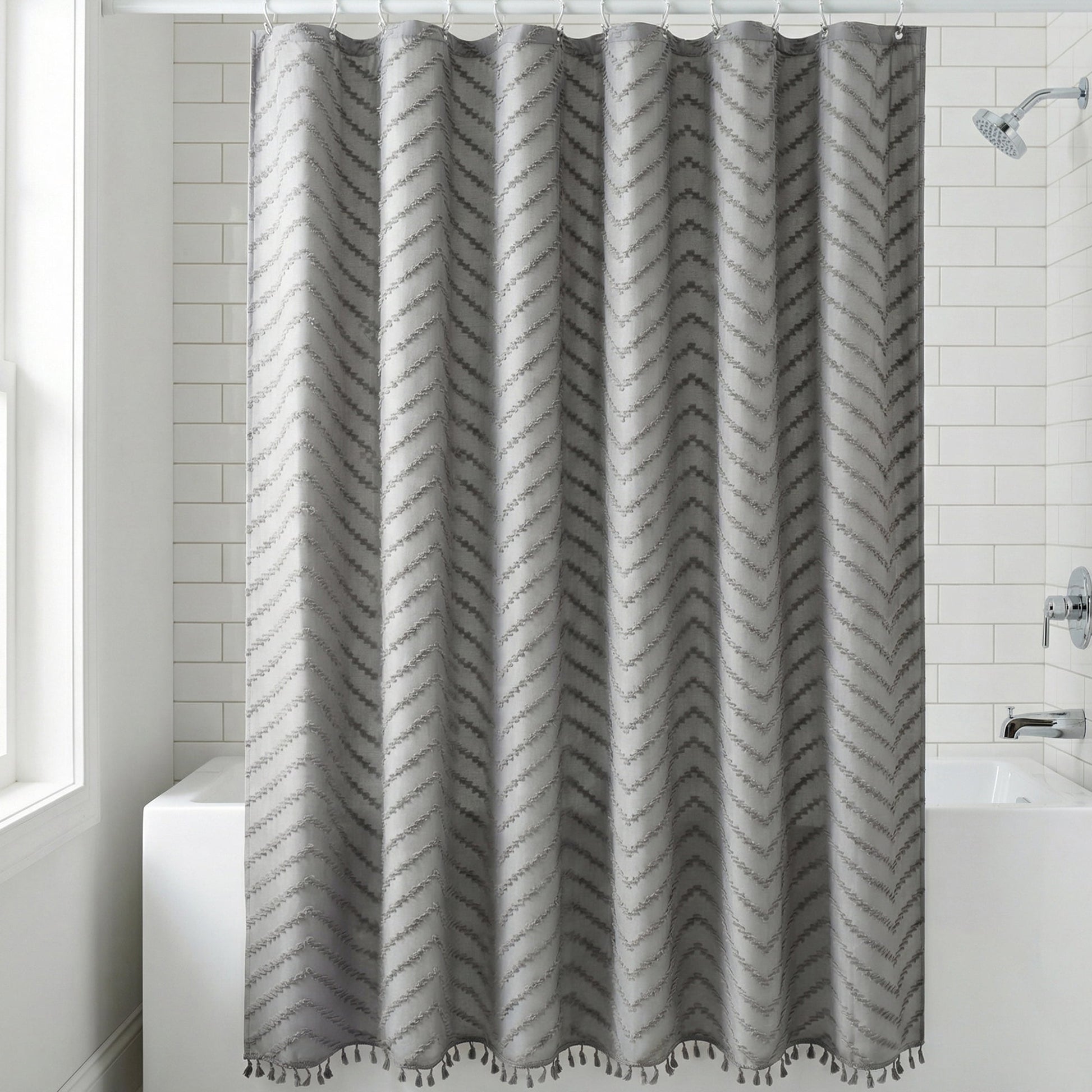 Unique Bargains Boho Wavy Striped Shower Curtain with Tassel and Hooks Grey 72"W x 72"L