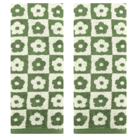 Unique Bargains Checkered Floral Hand Towels Soft Absorbent Bathroom Towel Green 2-Piece