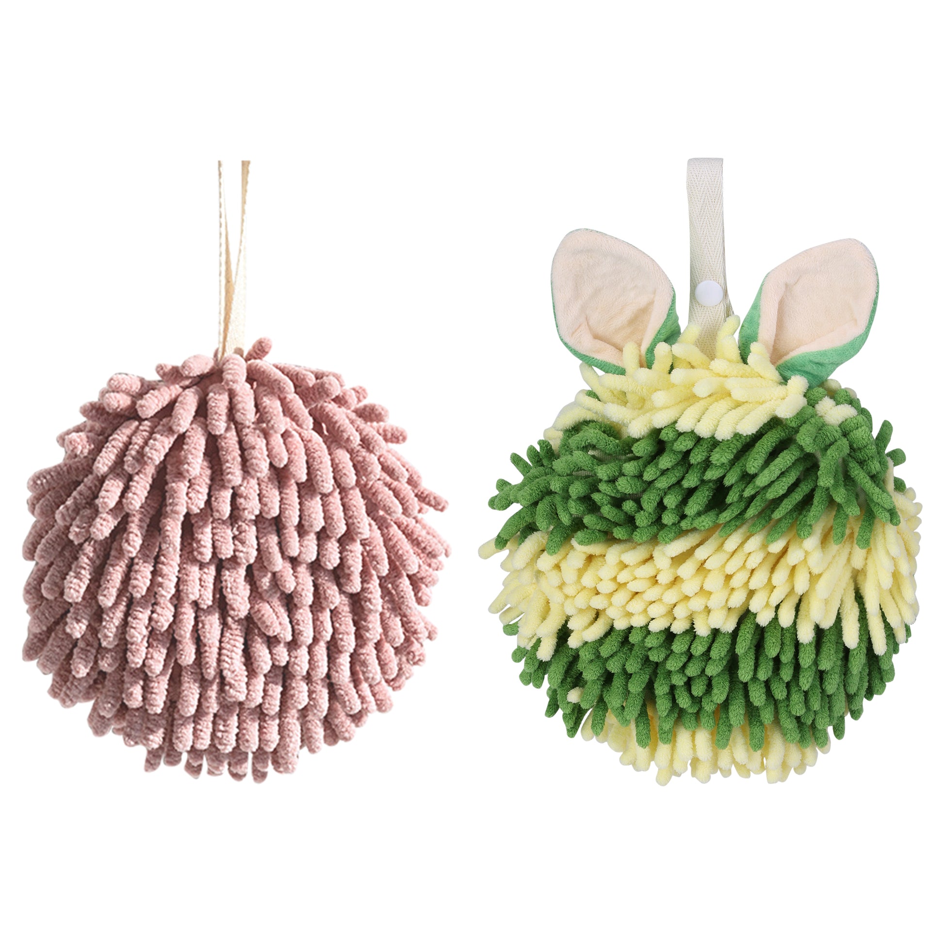 Unique Bargains Chenille Ball Fuzzy Hand Towel 2 Pcs Dark Pink/Green 6" x 6"/7" x 7"