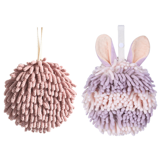 Unique Bargains Chenille Ball Fuzzy Hand Towel 2 Pcs Dark Pink/Purple 6" x 6"/7" x 7"