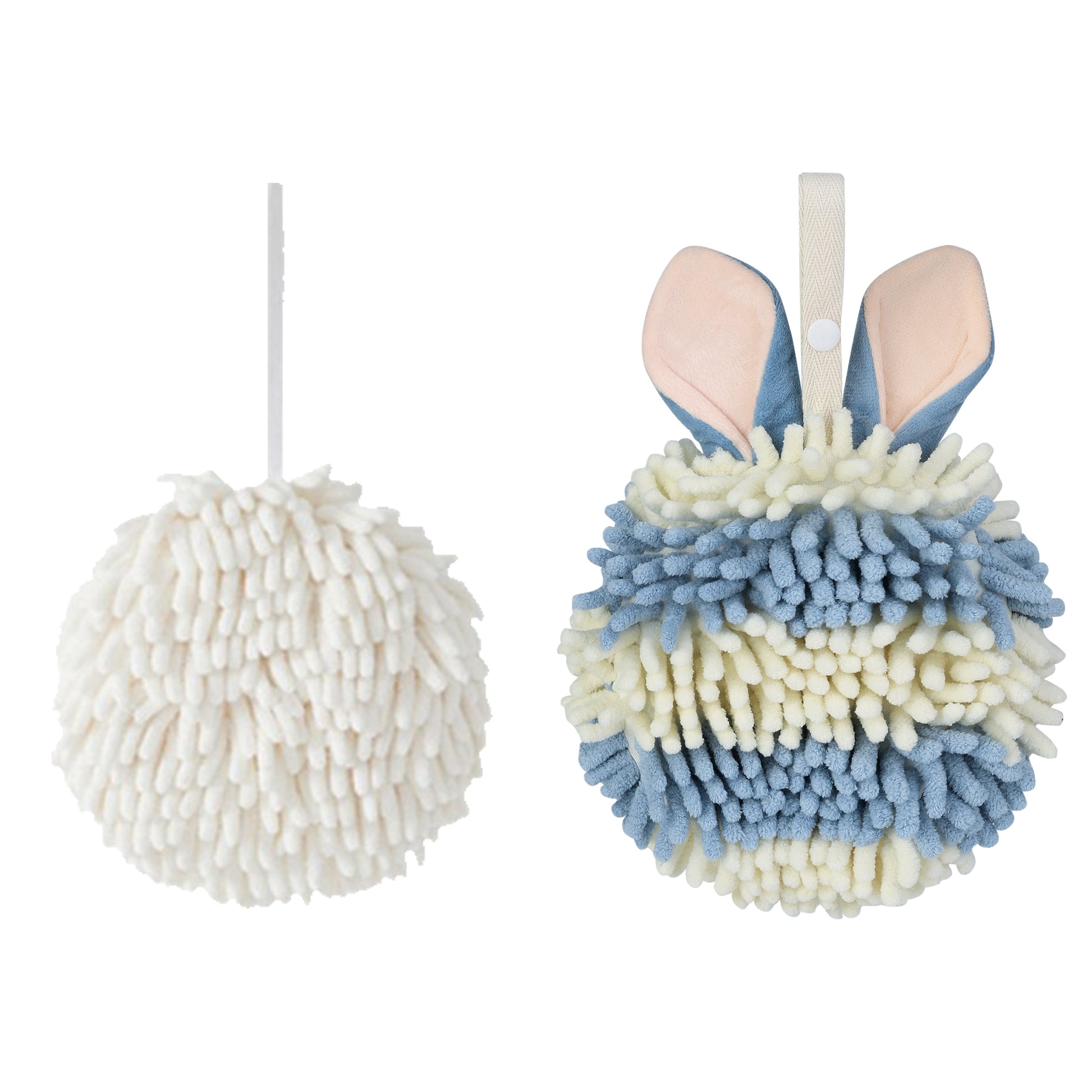 Unique Bargains Chenille Ball Fuzzy Hand Towel 2 Pcs White/Blue 6" x 6"/7" x 7"