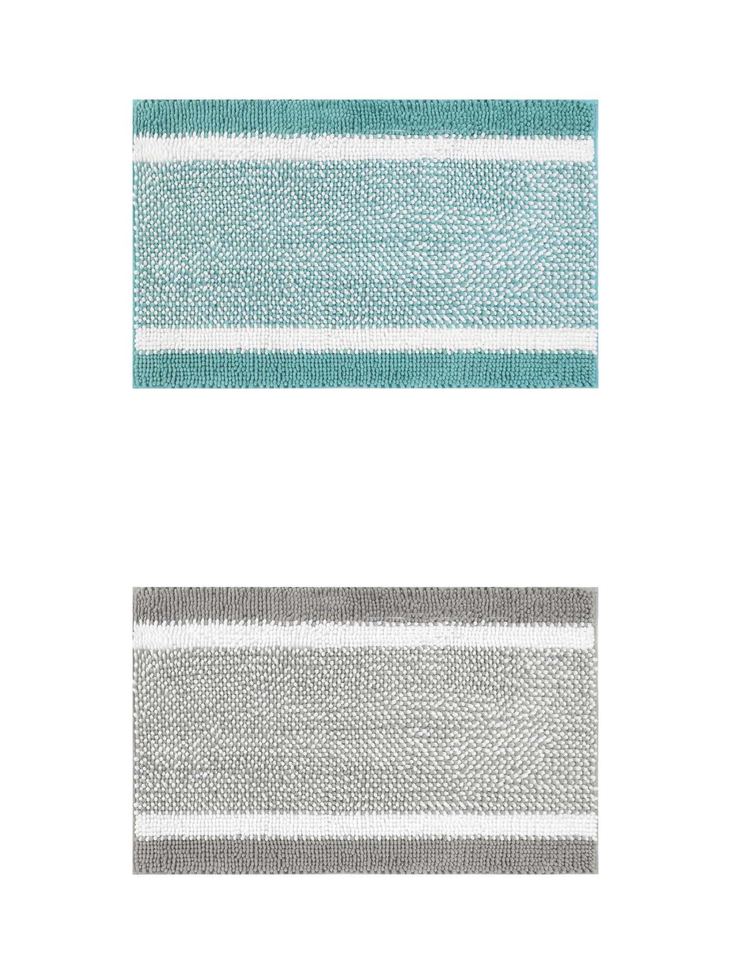 Unique Bargains Chenille Striped Bath Mats 2 Pcs Non-Slip Soft Plush Shaggy Bathroom Rugs  Green/Grey 16" x 24"