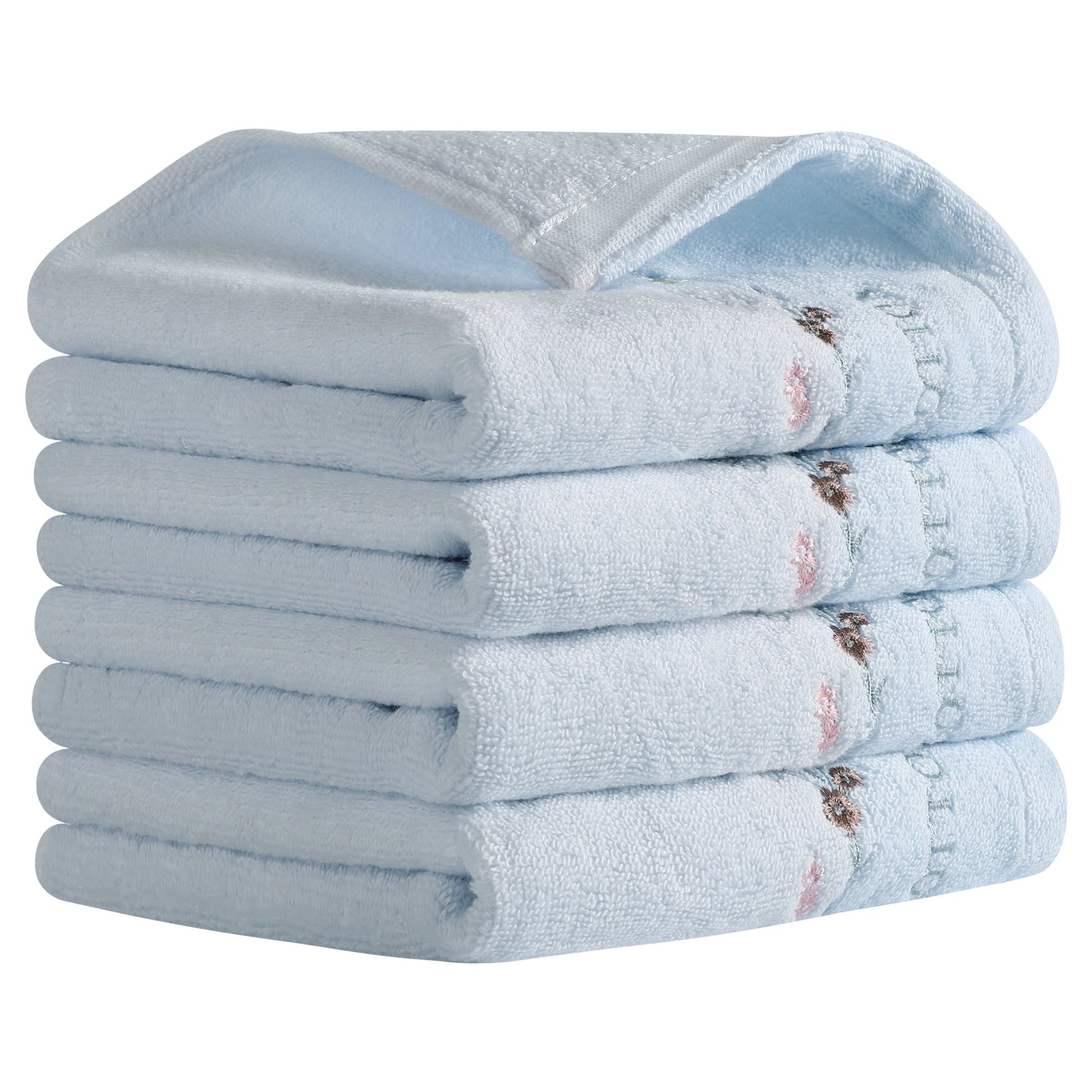 Unique Bargains Floral Embroidered Cotton Bathroom Hand Towels Blue 4-Piece