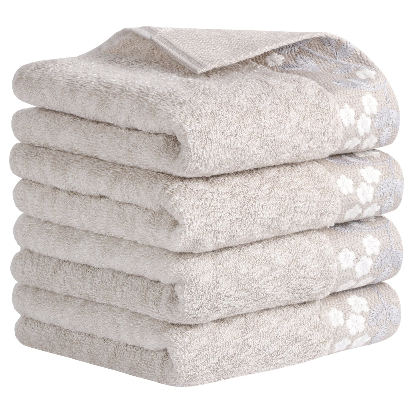 Unique Bargains Floral Embroidered Hand Towels Set for Bath, Kitchen Light Brown 4-Piece