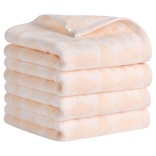 Unique Bargains Geometric Pattern Hand Towels Cotton Kitchen Bathroom Towels Pink 4-Piece