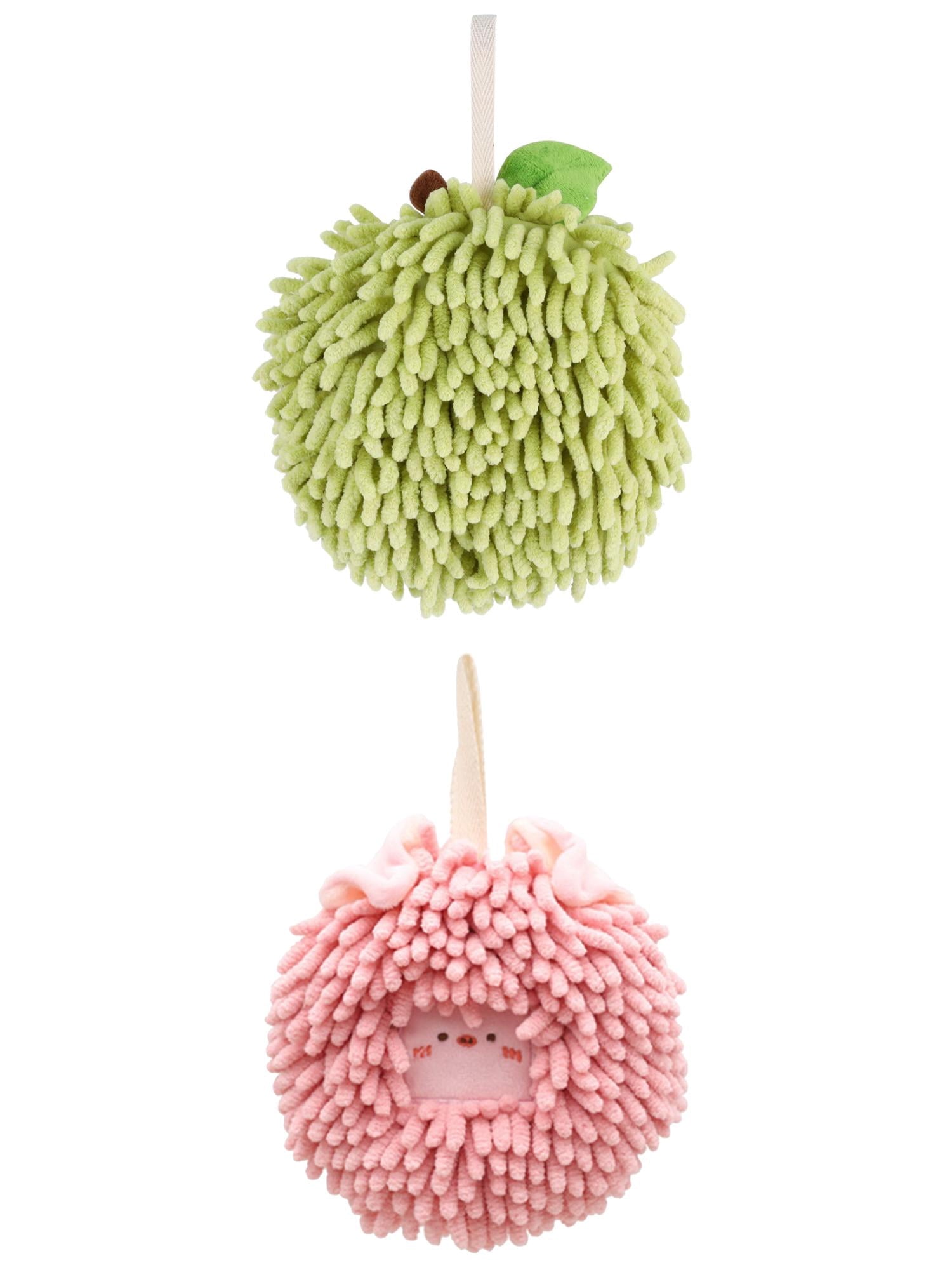 Unique Bargains Soft Chenille Ball Hand Towels 2 Pcs Green/Pink 6" x 6"/7" x 7"