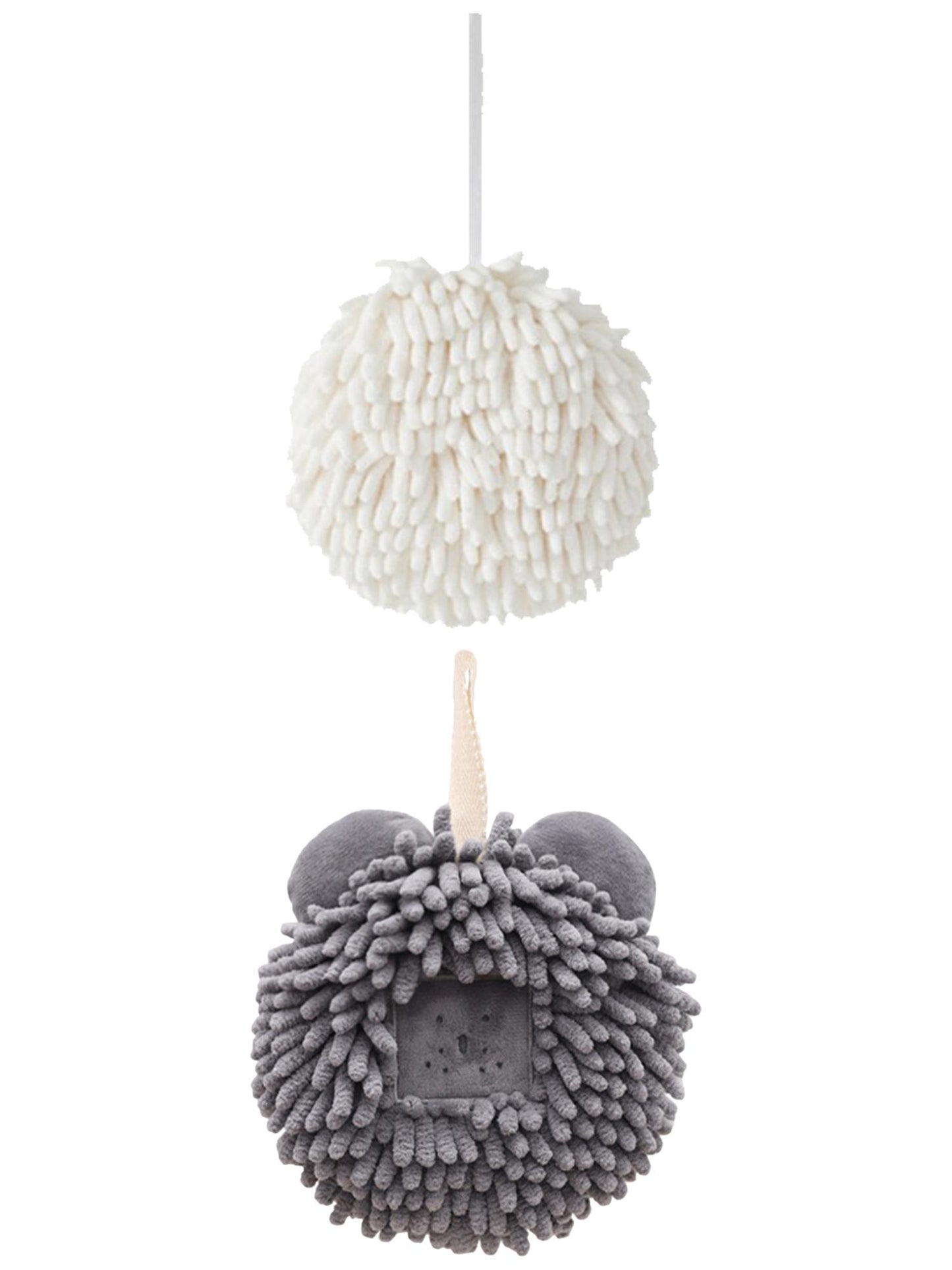 Unique Bargains Soft Chenille Ball Hand Towels 2 Pcs White/Dark Grey 6" x 6"/7" x 7"