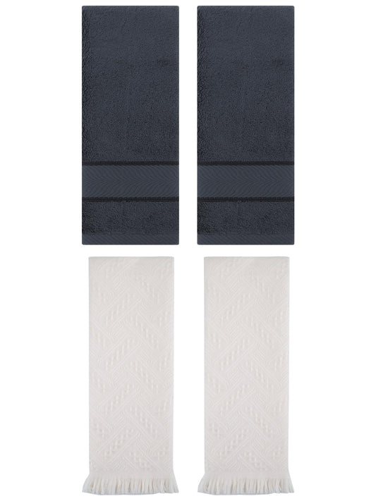 Unique Bargains Sold Striped Cotton Hand Towels 4 Pcs Dark Grey/Beige 14" x 30"/13" x 29"