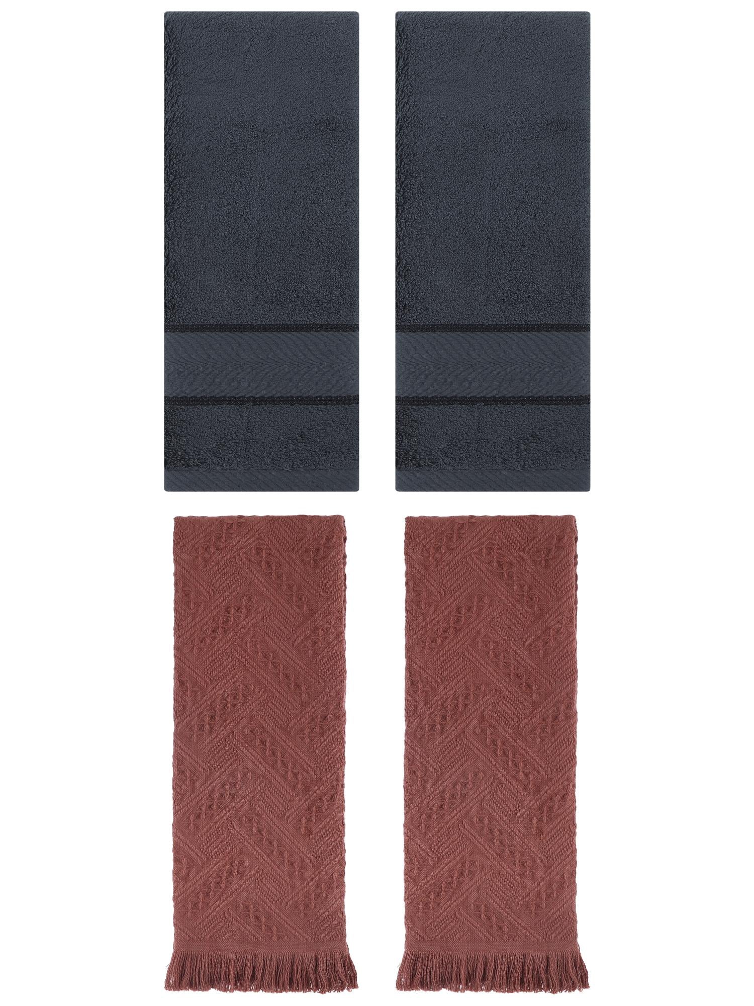 Unique Bargains Sold Striped Cotton Hand Towels 4 Pcs Dark Grey/Brown 14" x 30"/13" x 29"