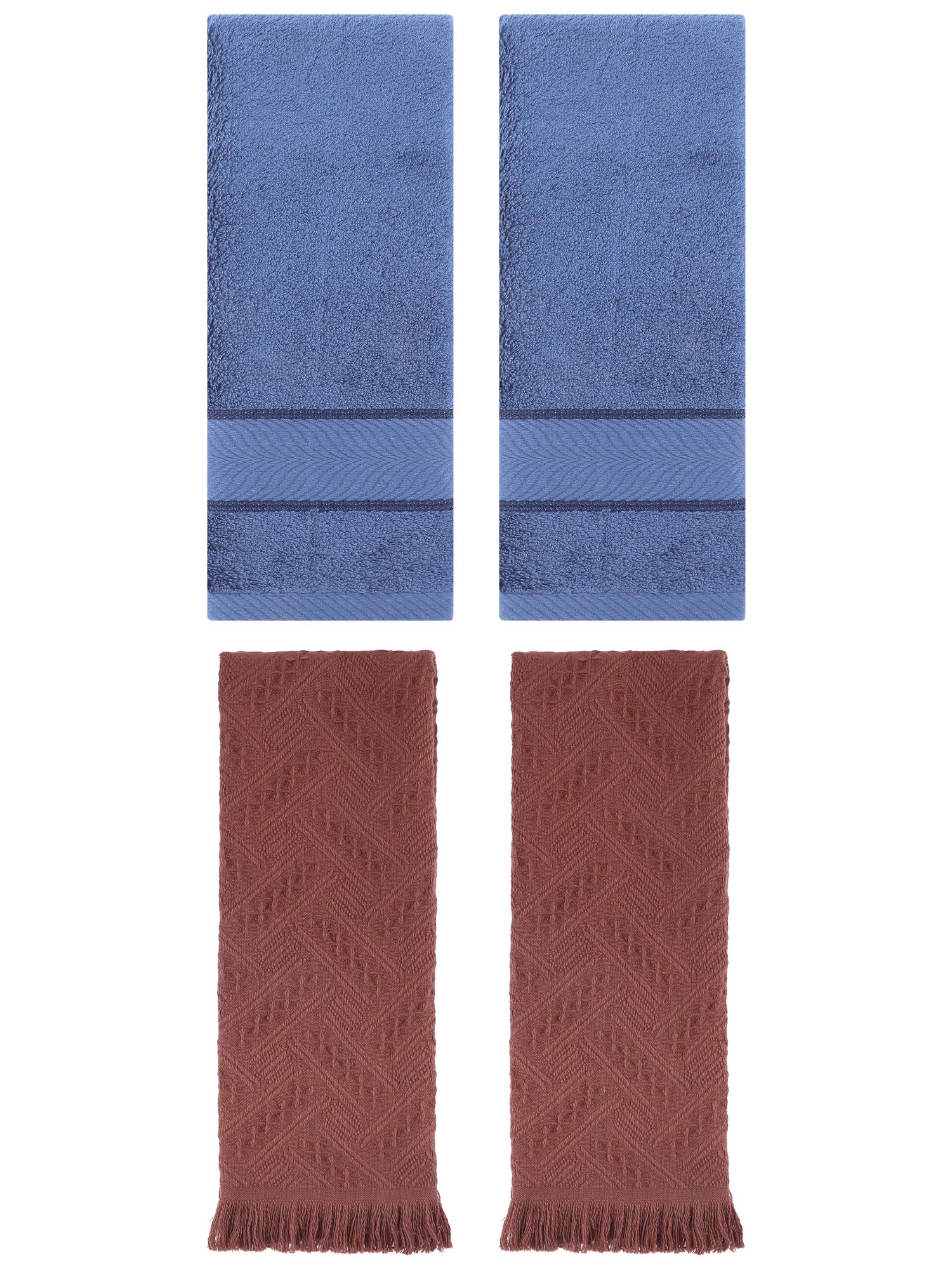Unique Bargains Sold Striped Cotton Hand Towels 4 Pcs Light Blue/Brown 14" x 30"/13" x 29"