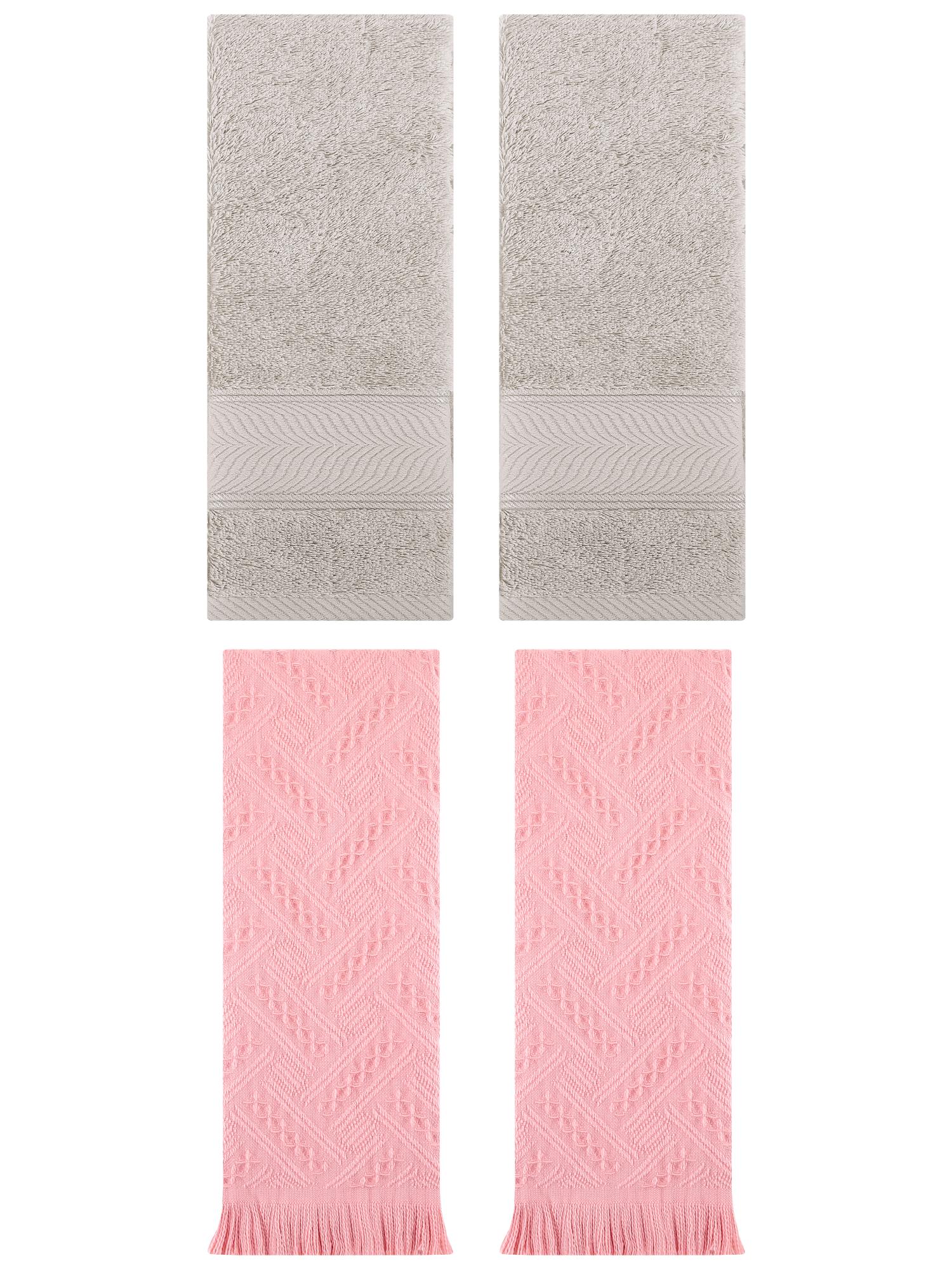 Unique Bargains Sold Striped Cotton Hand Towels 4 Pcs Light Brown/Pink 14" x 30"/13" x 29"