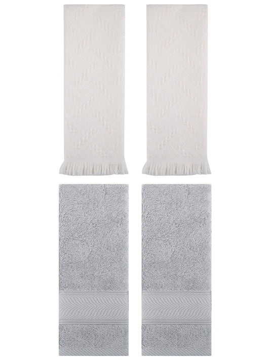 Unique Bargains Sold Striped Cotton Hand Towels 4 Pcs Light Grey/Beige 14" x 30"/13" x 29"