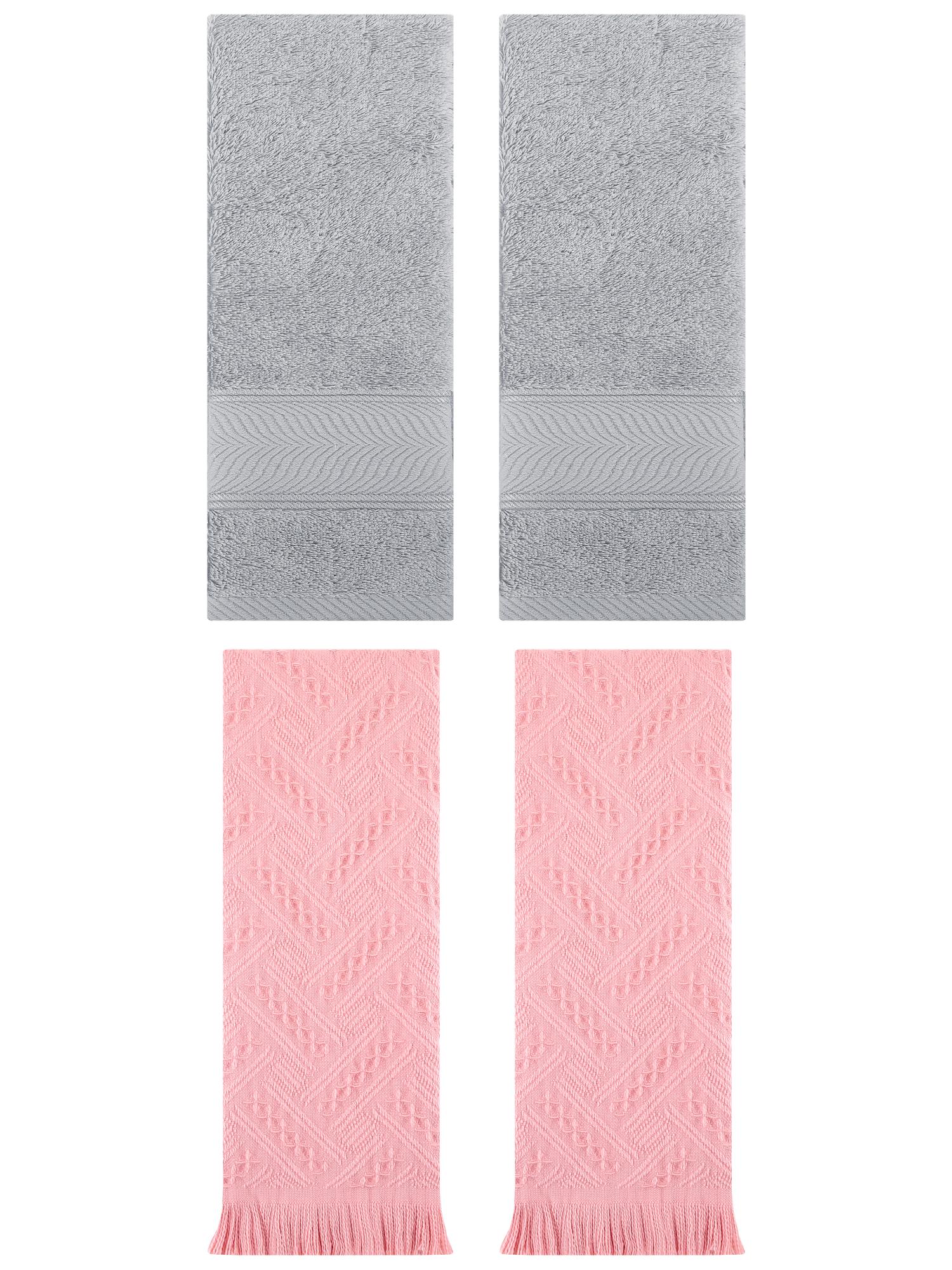 Unique Bargains Sold Striped Cotton Hand Towels 4 Pcs Light Grey/Pink 14" x 30"/13" x 29"