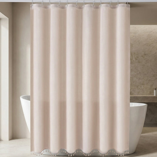 Unique Bargains Solid Trimmed Shower Curtain Sets with 12 Hooks Beige 71"W x 71"L