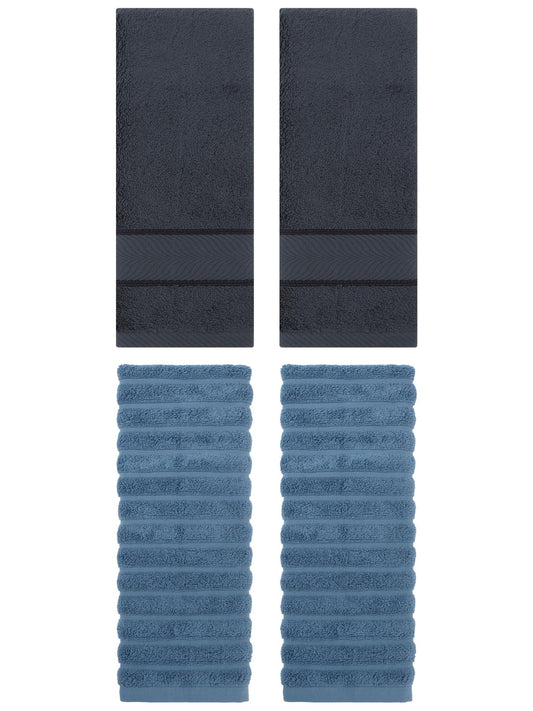 Unique Bargains Striped Cotton Hand Towel 14" x 30" 4 Pcs Blue/Dark Grey