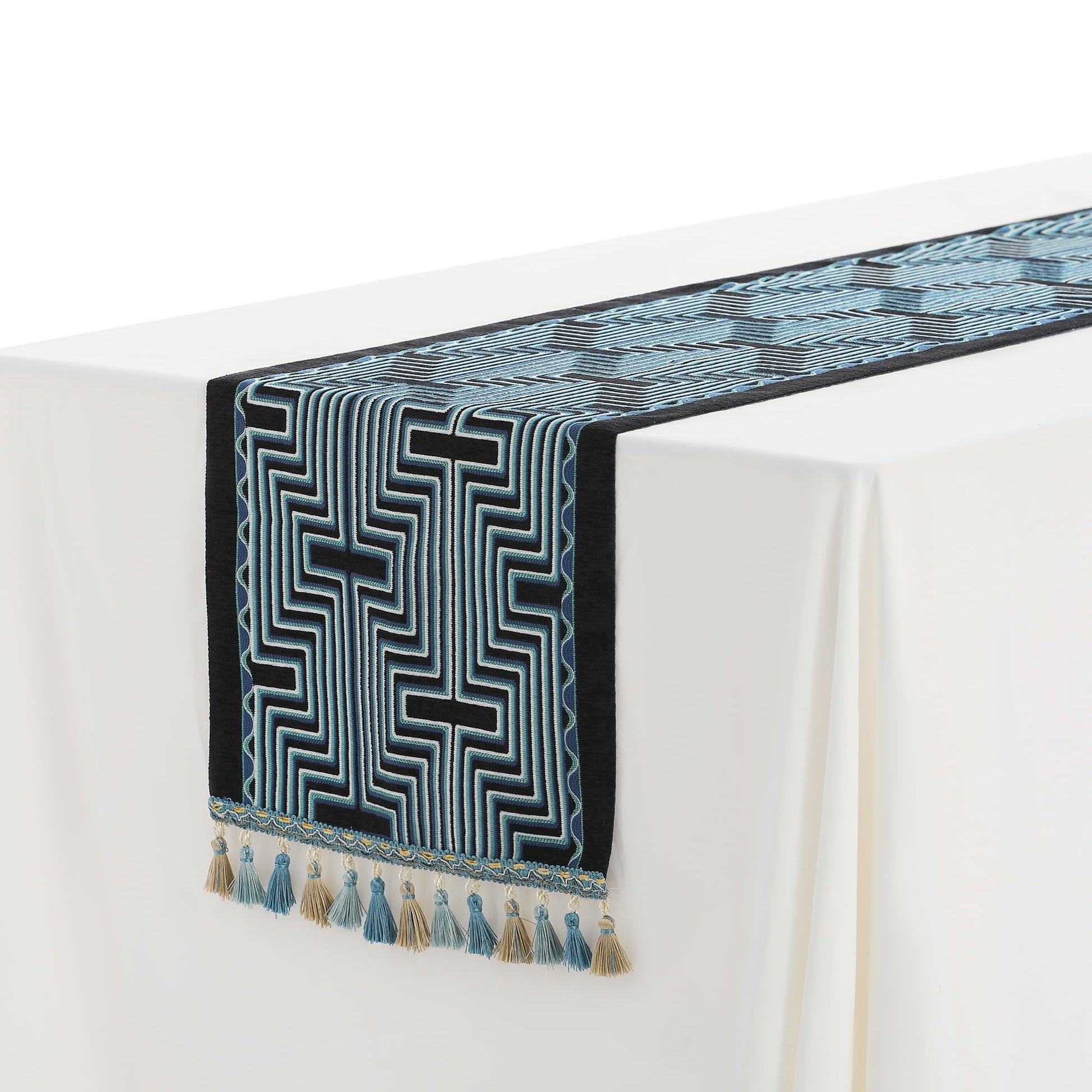 Unique Bargains Table Runner with Tassel Embroidery Table Flags Blue 13"x79"