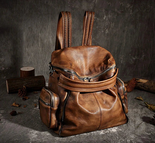 Unisex Leather Backpack - Stylish, Functional, and Durable - Full Grain Leather, Adjustable Strap, Fits iPad/Laptop - Ideal for Students, Professionals, and Travelers - 12.2" x 6.7" x 13.0"