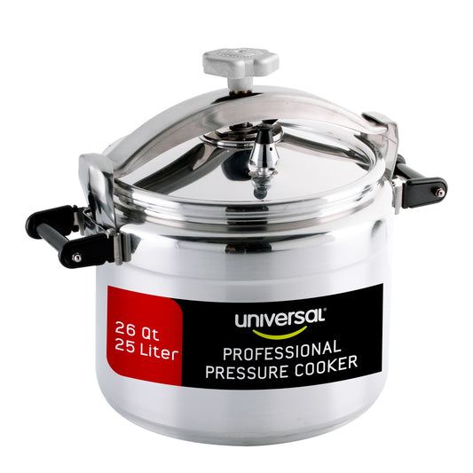 Universal (Large) 26-Quart Aluminum Pressure Cooker for Professional Use – Commercial-Grade, 1 Safety Valve, Reinforced Handles, Easy-Open Lid, – Ideal for Large Kitchens, and Restaurants