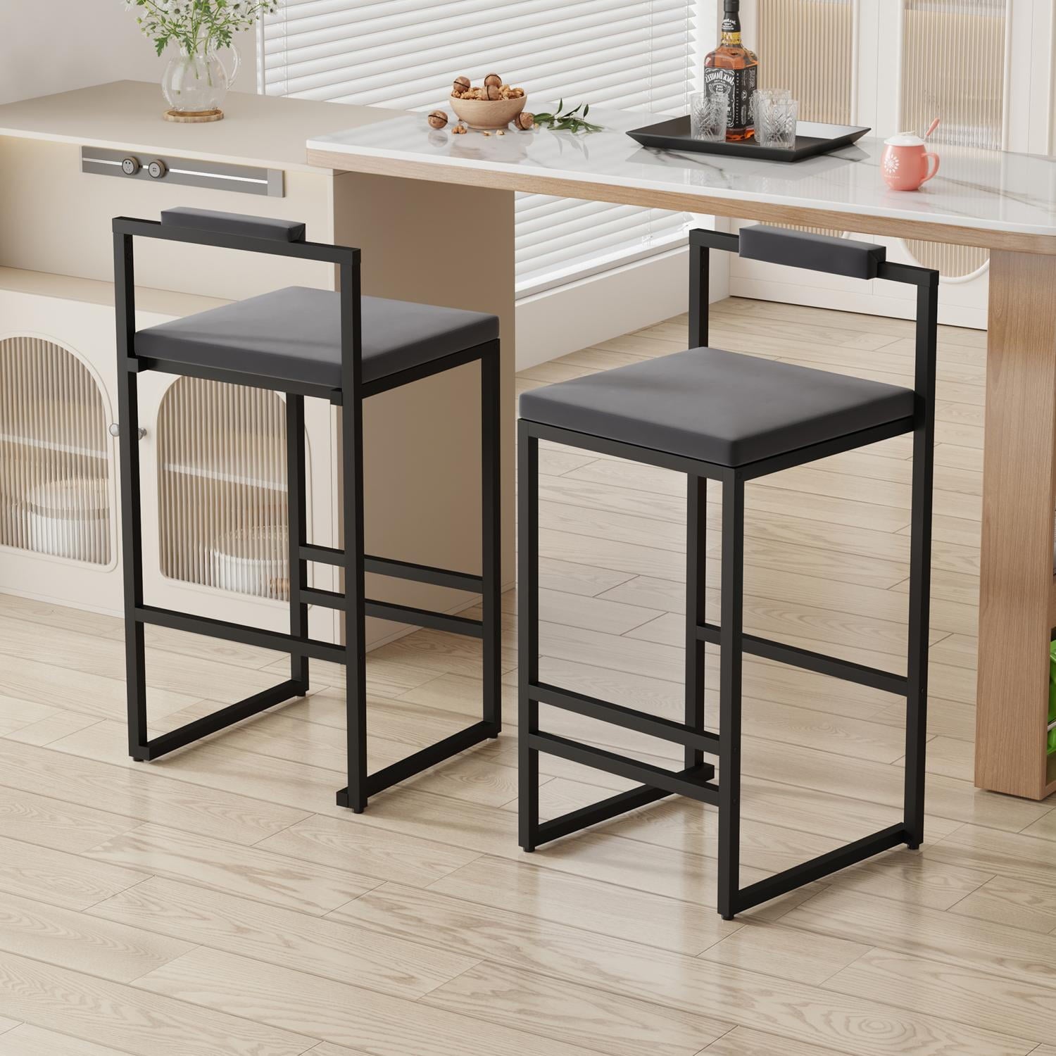 Upholstered Velvet Bar Stools Set of 2 Counter Height with Low Back and Footrest Gray Fabric and Black Metal Frame for Kitchen Island