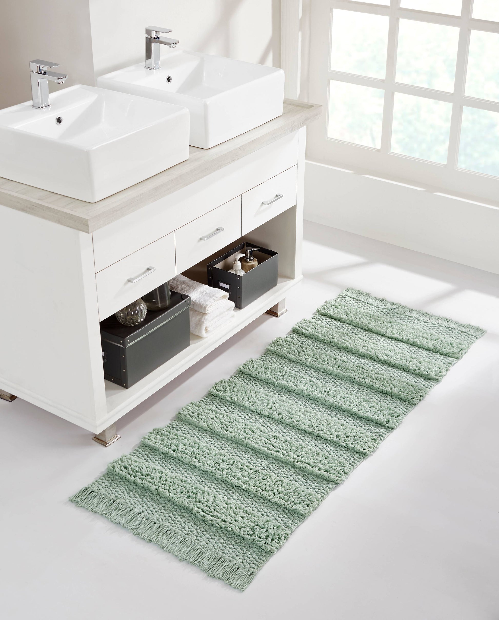 VCNY Home Savannah Fringe Sage Stripe Cotton Blend Bath Rug Runner, 24 x 60