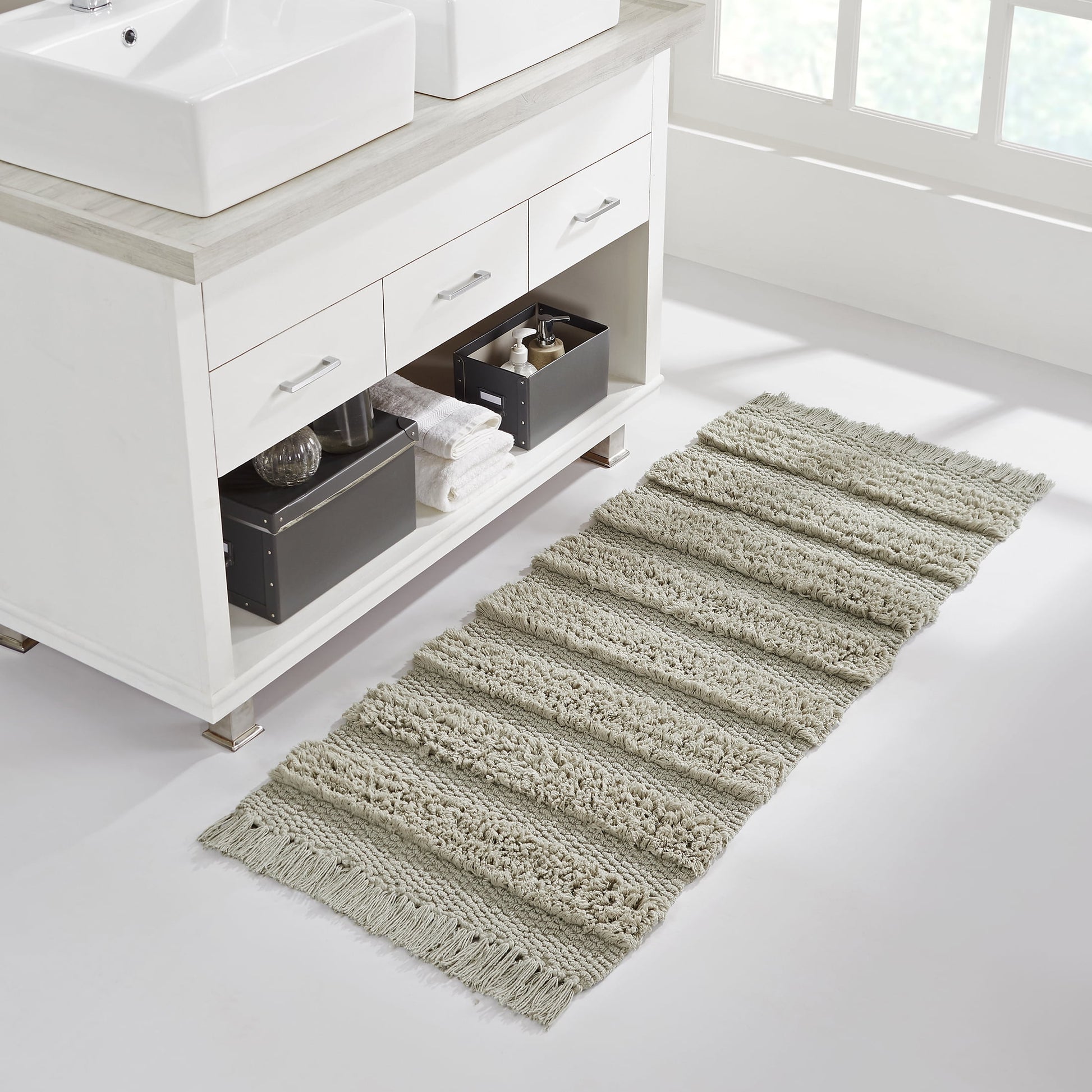 VCNY Home Savannah Fringe Taupe Stripe Cotton Blend Bath Runner Rug, 24" x 60"