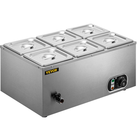 VEVOR 110V 6-Pan Bain Marie Food Warmer, 12.6 Qt Commercial Stainless Steel Steam Table, 1500W, 6-Inch Deep with Temperature Control (86-185°F), Includes Lids & 2 Ladles