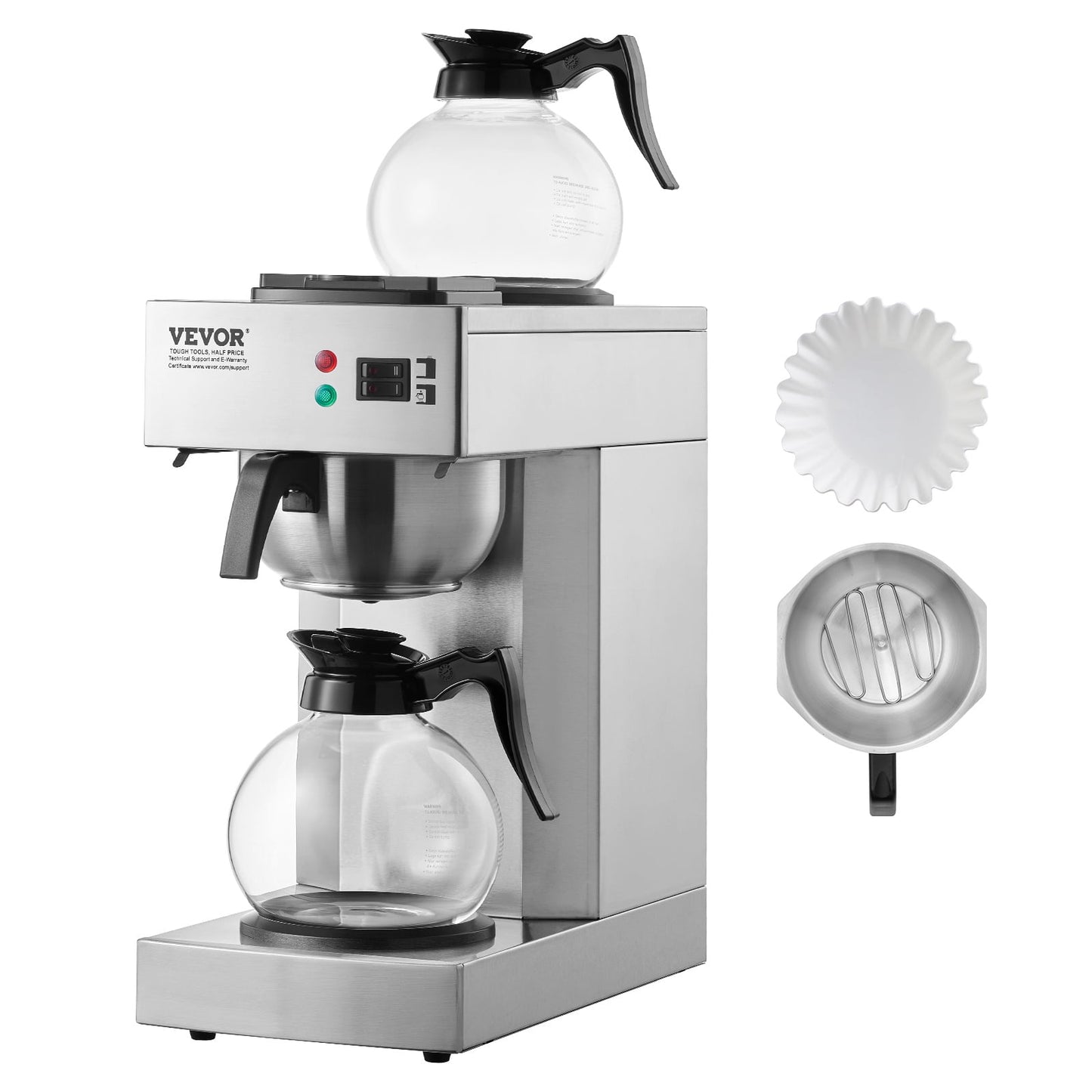 VEVOR 12 Cups Commercial Drip Coffee Maker, Coffee Maker Machine with 2 Glass Carafes and 2 Warmer Plates, Stainless Steel Pour Over Coffee Brewer for Restaurant, Office, Cafe