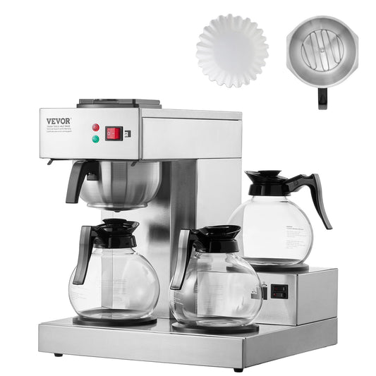 VEVOR 12 Cups Commercial Drip Coffee Maker, Coffee Maker Machine with 3 Glass Carafes and 3 Warmer Plates, Stainless Steel Pour Over Coffee Brewer with Auto Water Intake, for Restaurant Office Cafe