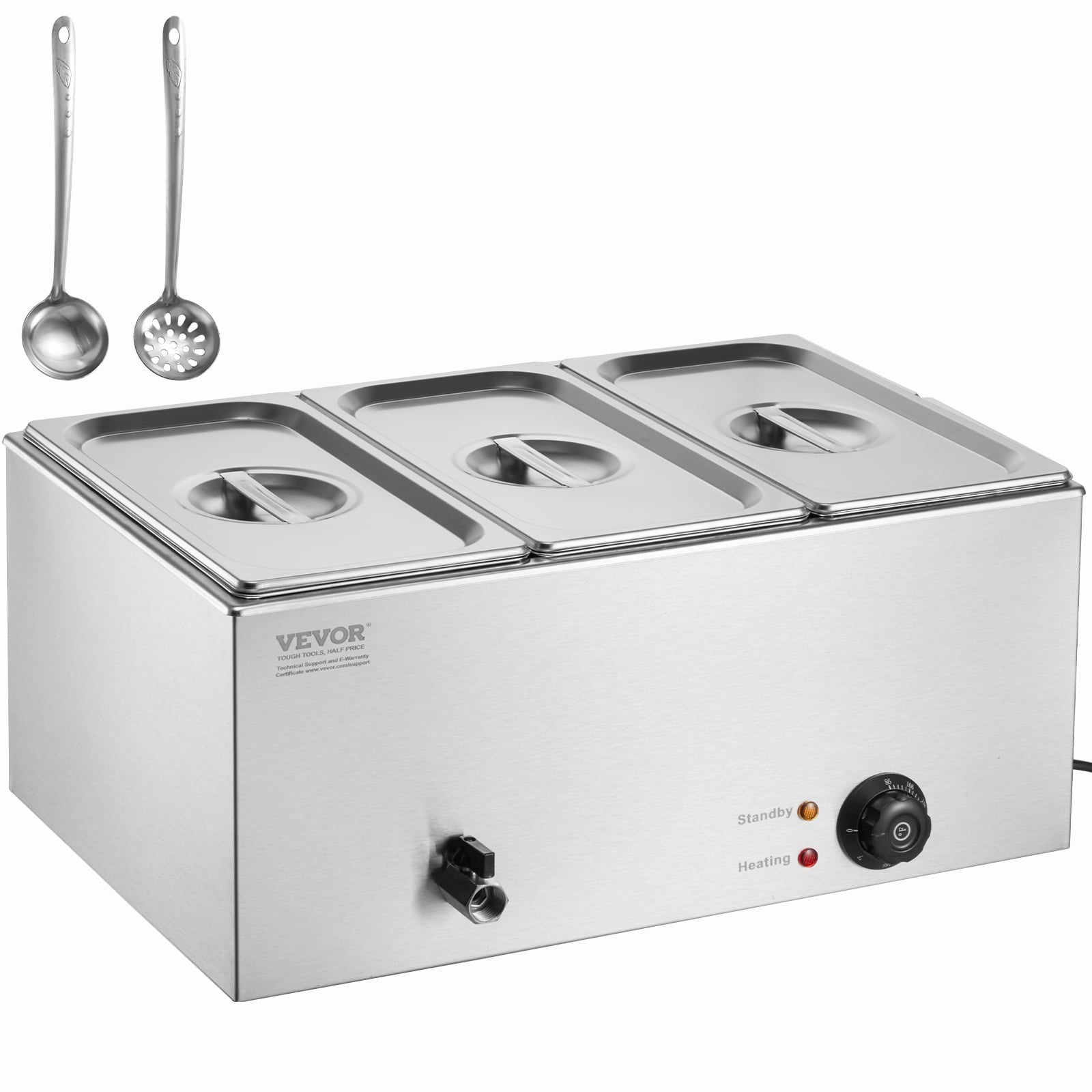 VEVOR 3-Pan Commercial Food Warmer, 17.4QT Electric Steam Table, 1200W Professional Countertop Stainless Steel Buffet Bain Marie with 86-185°F Temp Control for Catering and Restaurants, Silver