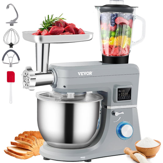 VEVOR 5 IN 1 Stand Mixer,660W Tilt-Head Multifunctional Electric Mixer with 6 Speeds LCD Screen Timing, 7.4 Qt Stainless Bowl, Dough Hook, Flat Beater, Whisk, Scraper