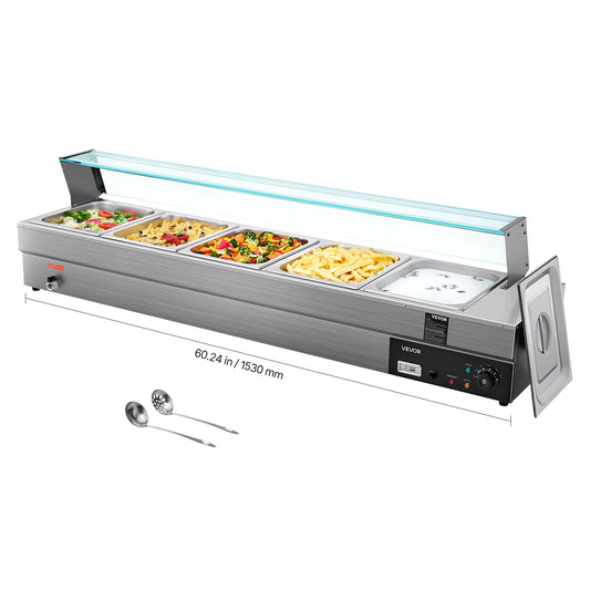 VEVOR 60QT Commercial Food Warmer, 5-Pan Electric Steam Table with Glass Cover, 1500W Countertop Stainless Steel Buffet Bain Marie with 86-185°F Temp Control for Catering,Buffet, Parties,Restaurants