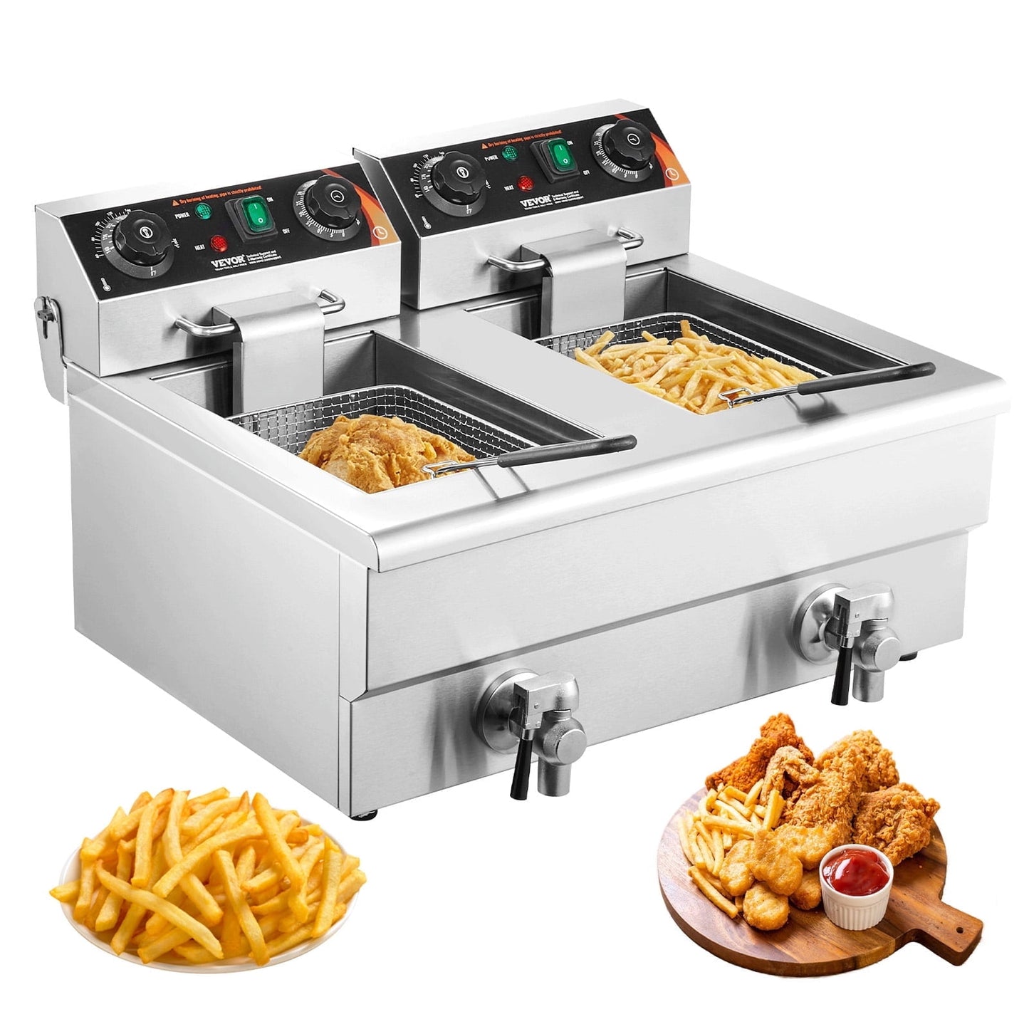 VEVOR Commercial Deep Fryer, 2 Tank 3000W Electric Countertop Fryer with Basket,2 x 11.6Qt/11L Stainless Steel Oil Fryer with Oil Filtration, Time & Temp Control