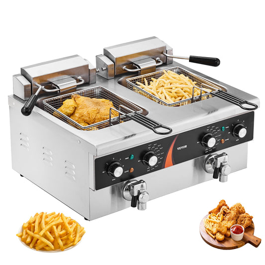 VEVOR Commercial Deep Fryer, Dual Tank 3500W Electric Countertop Fryer, 2 x 9Qt / 8.5L Double Oil Fryer with 2 Baskets, 1mm Thickened Stainless Steel, Time & Temp Control, for Kitchen Restaurant Use
