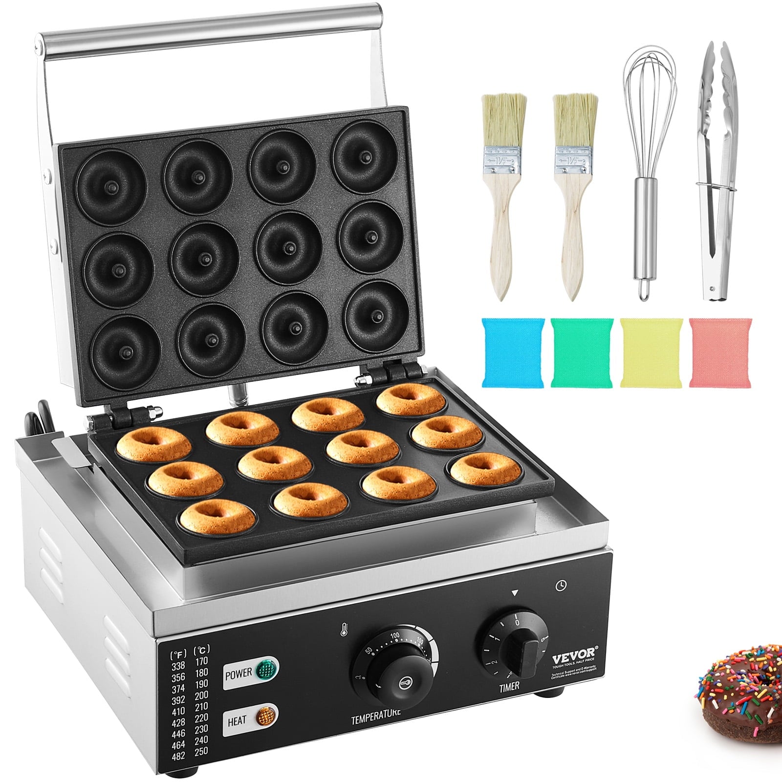 VEVOR Electric Donut Maker, 1550W Commercial Doughnut Machine with Non-stick Surface, 12 Hole Double-Sided Heating Waffle Machine Makes 12 Doughnuts, Temperature 122-572?, for Restaurant & Home Use