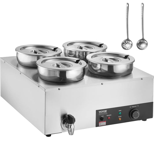 VEVOR Electric Soup Warmer, Four 7.4QT Stainless Steel Round Pot, 1500W Commercial Food Warmer, 86~185°F Adjustable Temp, Bain Marie with Anti-Dry Burn and Reset Button, for Restaurant, Buffet